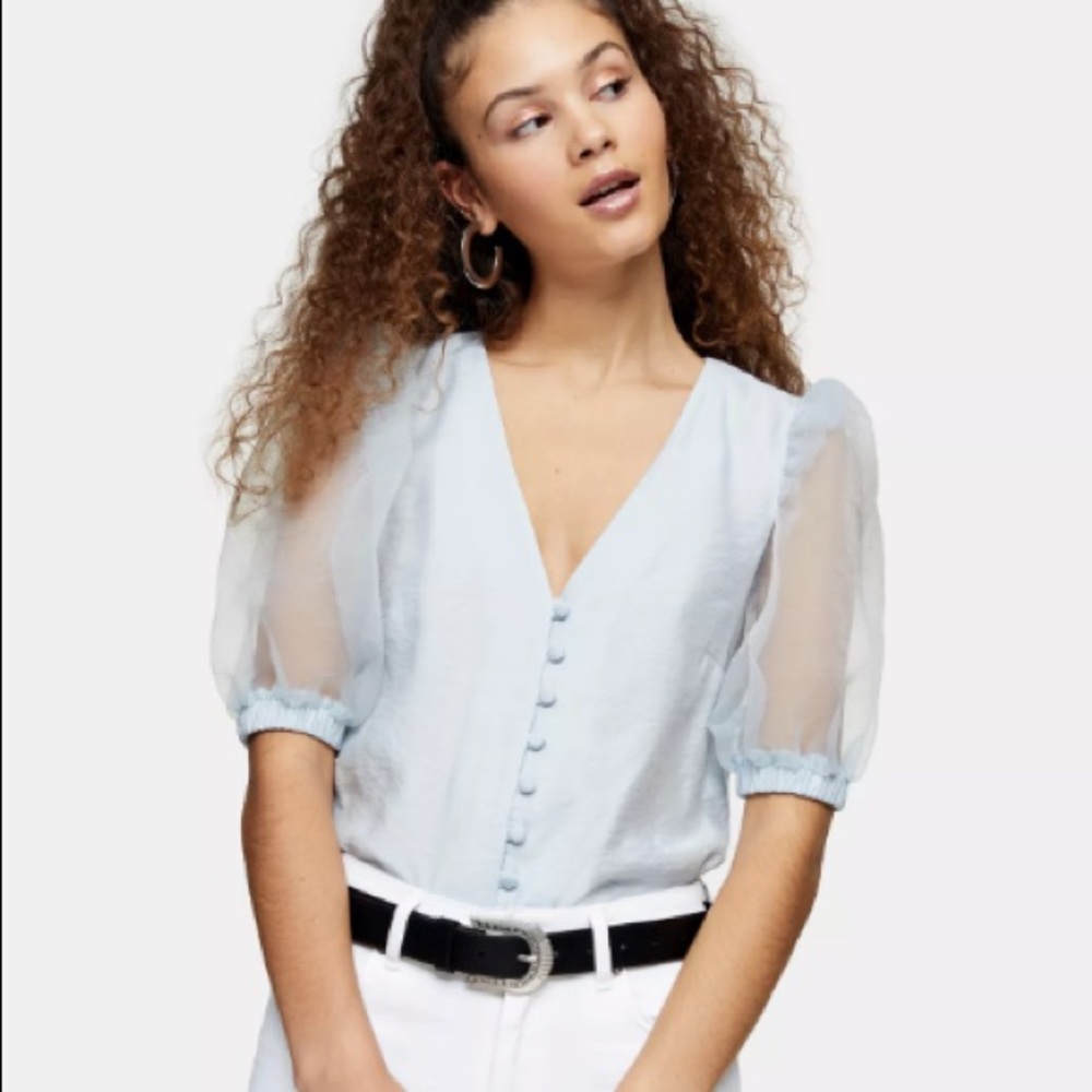 Meghan Markle Topshop Blouse in Light Blue